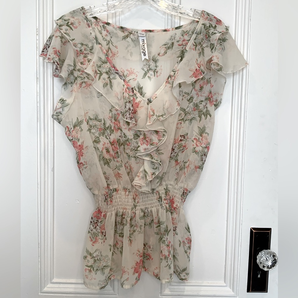 Mixage by Lady Dutch Floral V-Neck Ruffled Sheer Blouse - Size XL